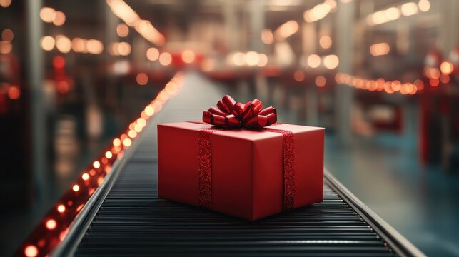 A red gift box on a conveyor belt in an automated fulfillment center during the christmas season, symbolizing efficient holiday logistics.