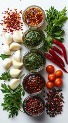 Colorful chimichurri sauce clear jar showcases fresh parsley garlic cloves red chili flakes and red wine vinegar clean white backdrop ideal culinary creations.