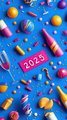 Festive Flat Lay Composition Celebrating New Year 2025 with Colorful Decorations, Drinks, and Party Supplies on Blue Background