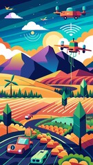 Naklejka premium A colorful illustration of a mountain landscape with cars, airplanes