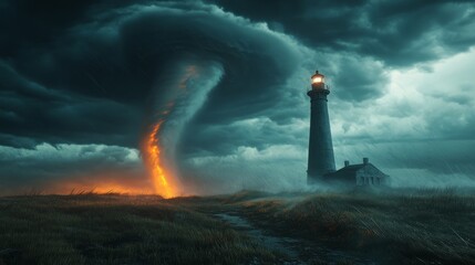 A tornado moving towards a distant bridge on a prairie, the bridge standing precariously against the storm