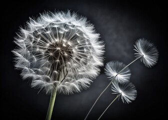 Black and white line art captures a miniature dandelion blowball, its seeds adrift, a tilt-shift effect enhancing its charm.