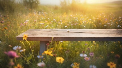 Naklejka premium Rustic Wooden Bench in Sunlit Meadow, Wildflowers, Nature Scene, Outdoors, Sunshine, Spring, Tranquil Moment