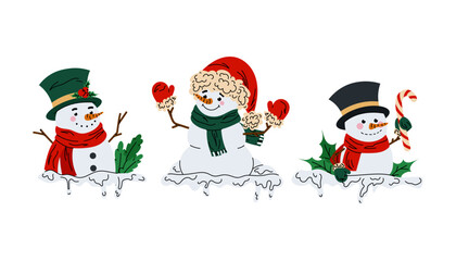 Set funny snowmen. Christmas character for cards, posters, prints. Frame or border with snowman. Festive decor on a white background.