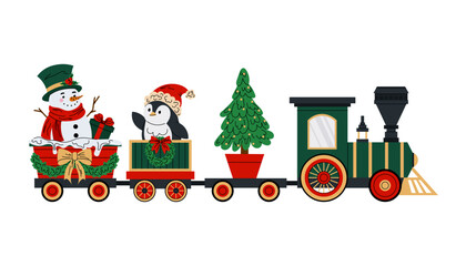 Toy train with snowman, penguin and Christmas tree. Steam train with wagons decorated Christmas wreaths and bows. Flat illustration on white background. © miss LEMON
