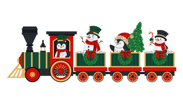Toy Christmas train with funny snowmen and penguins. Christmas train. Steam train with wagons decorated Christmas wreaths and bows. Flat illustration on white background.