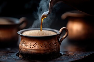 rustic coffee brewing, coffee brewing on hot sand in a cozy kitchen with antique copper pots, under soft warm lighting