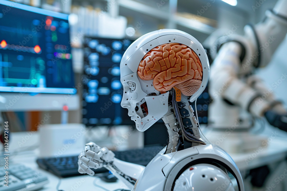 Poster generative with ai image of robotic prototype in modern robot laboratory