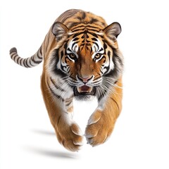 Fototapeta premium Majestic Tiger Running at Full Speed with Intense Expression Captured in Stunning Detail Against a White Background