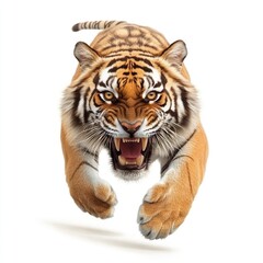 Fototapeta premium Majestic Tiger Running Towards Viewer with Intense Expression and Vibrant Fur Colors Isolated on White Background
