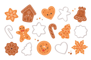 Gingerbread Cookies and cookie cutters collection. Christmas cookies with icing. Vector illustration in flat style