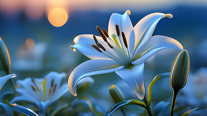 beautiful white lily flower in the pool, sunset background, 8k resolution