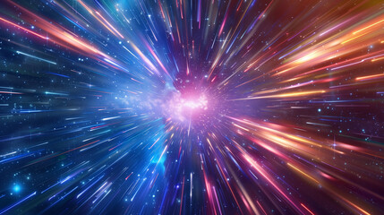 Naklejka premium An explosive burst of light pierces the darkness of the universe, with sparkling colors and dynamic streaks depicting cosmic energy and motion