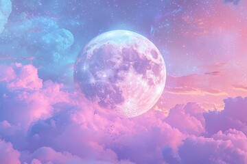Obraz premium A beautiful moon surrounded by clouds, with stars shining in the sky, ethereal and fantastical in style