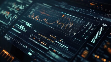 Advanced financial trading interface with glowing data visualization. Dark modern dashboard displaying market charts, graphs and analytics in cyan and orange colors creating depth effect