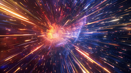 An explosive burst of light pierces the darkness of the universe, with sparkling colors and dynamic streaks depicting cosmic energy and motion