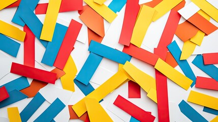 Naklejka premium Colorful Abstract Composition of Randomly Arranged Strips of Paper in Blue, Red, Yellow and White on a Bright Surface