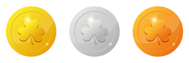 set of gaming coins design element. Gold, silver, bronze ranking medal coins. clover leaf icon for video game UI or app animation. reward and cash treasure concept for casino © Sunil