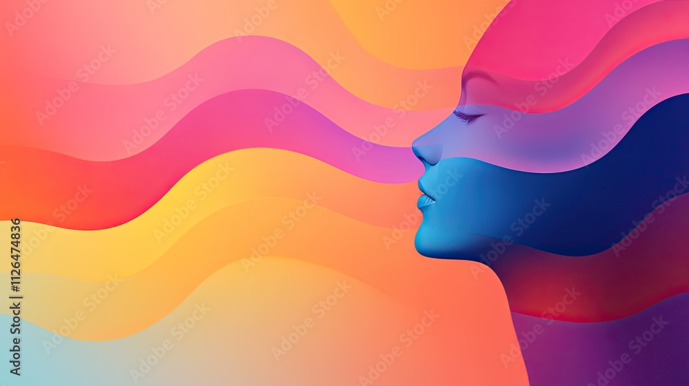 Poster abstract colorful profile of a female face with waves and fluid shapes in bright gradients and artis
