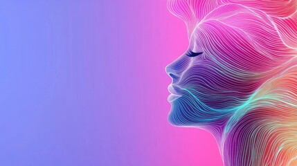 Fototapeta premium Abstract illustration of a woman's face highlighted with vibrant lines and colors on a gradient pink and blue background