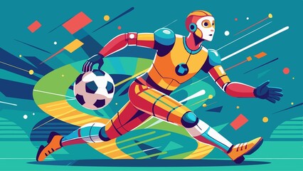 A robot soccer player is running with a soccer ball