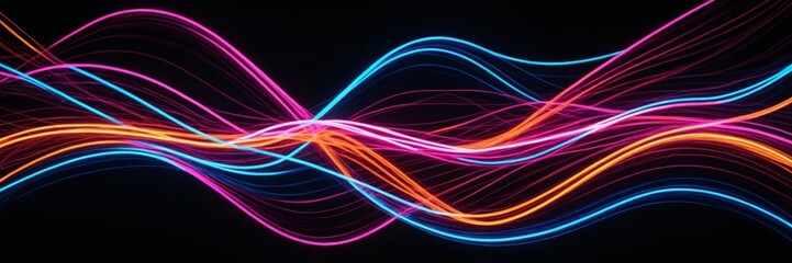 Naklejka premium A mesmerizing abstract artwork featuring swirling neon lines in vibrant hues of pink, orange, and blue. The dark background enhances the intensity of the colors, creating a dynamic and futuristic.