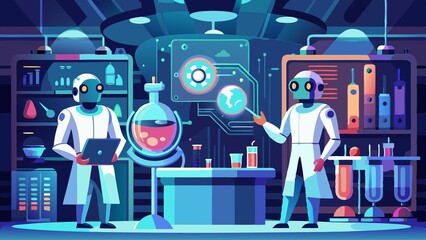 Two robots in a lab with a laptop and a cup of coffee