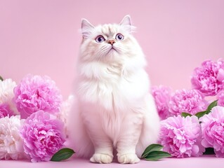 Adorable fluffy cat sitting among vibrant pink peonies in a soft pastel background, showcasing its majestic features and elegance