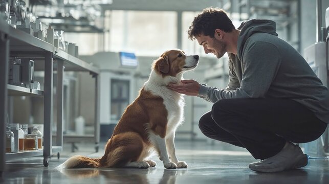 Heartwarming moment between young scientist and laboratory dog in modern research facility. Natural interaction capturing bond between researcher and canine companion in professional setting - Powered by Adobe