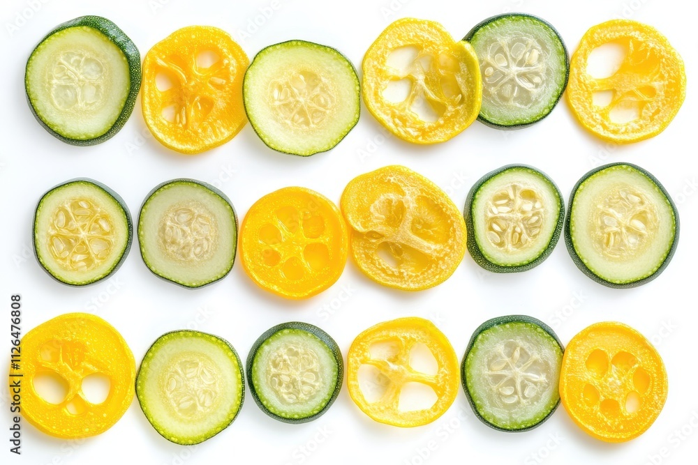 Poster slices of yellow and green cucumbers arranged in a colorful pattern on a white background