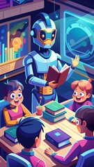 A robot is reading a book to a group of children