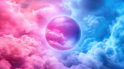 Dreamy pastel cloud landscape with a floating bubble reflecting colors of pink and blue in a serene sky atmosphere