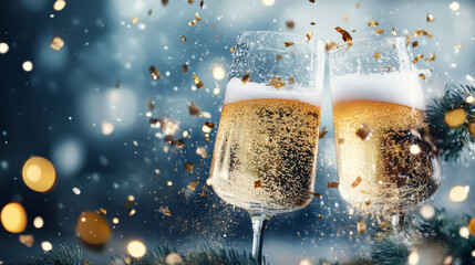 Cheers to celebration with two sparkling champagne glasses clinking together, surrounded by festive confetti and dreamy bokeh background. scene radiates joy and festivity