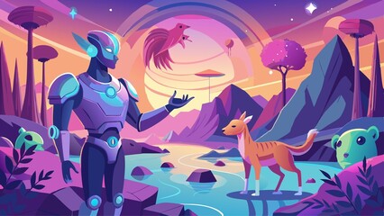 A man in a robot suit is standing next to a dog in a lush green forest