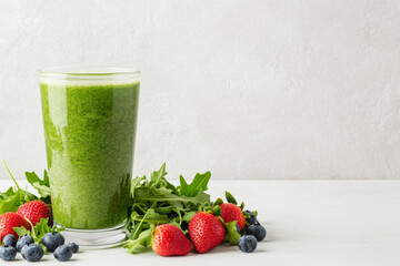 Fresh green smoothie with strawberries and blueberries, surrounded by arugula, offers healthy and vibrant drink option. Perfect for nutritious boost!