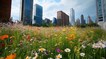 A lush urban green space flourishes with vibrant wildflowers, showcasing biodiversity amidst the concrete jungle of a bustling city center.