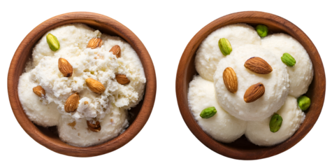 popular traditional Indian sweets Shrikhand in a wooden bowl. isolated on a transparent background, top view, PNG."