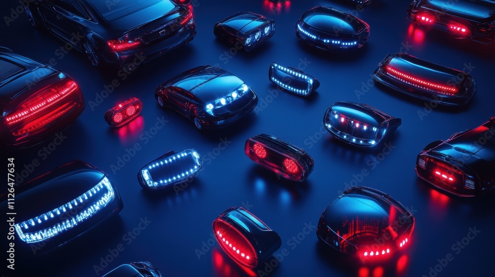 Poster various led car headlights and tail lights are artfully arranged on a dark surface, showcasing vibra