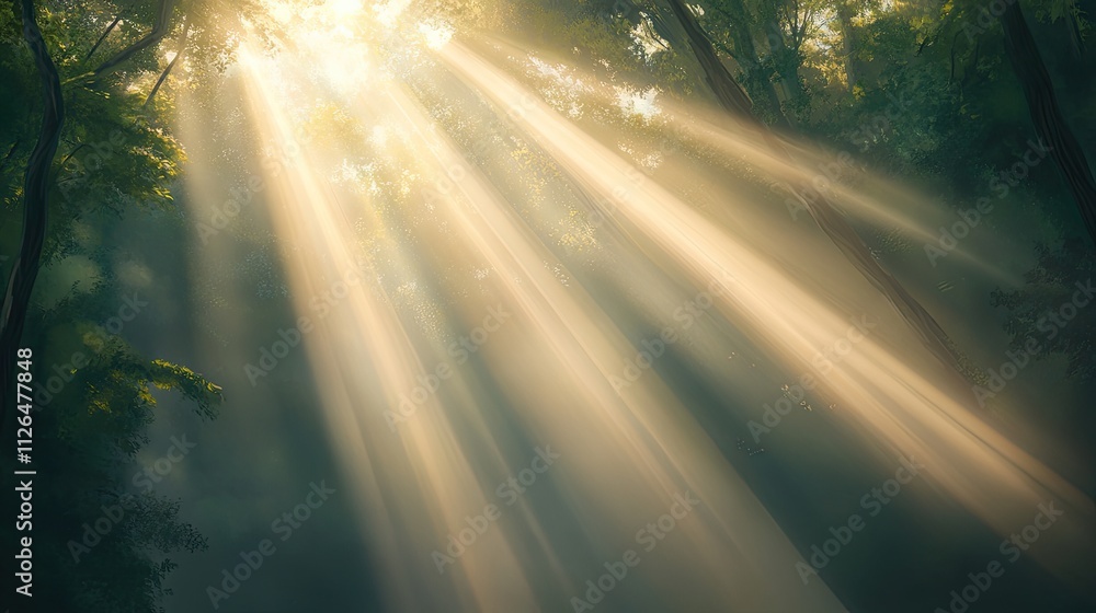 Poster ethereal sunlight streaming through lush trees in a tranquil forest scene captured in soft focus