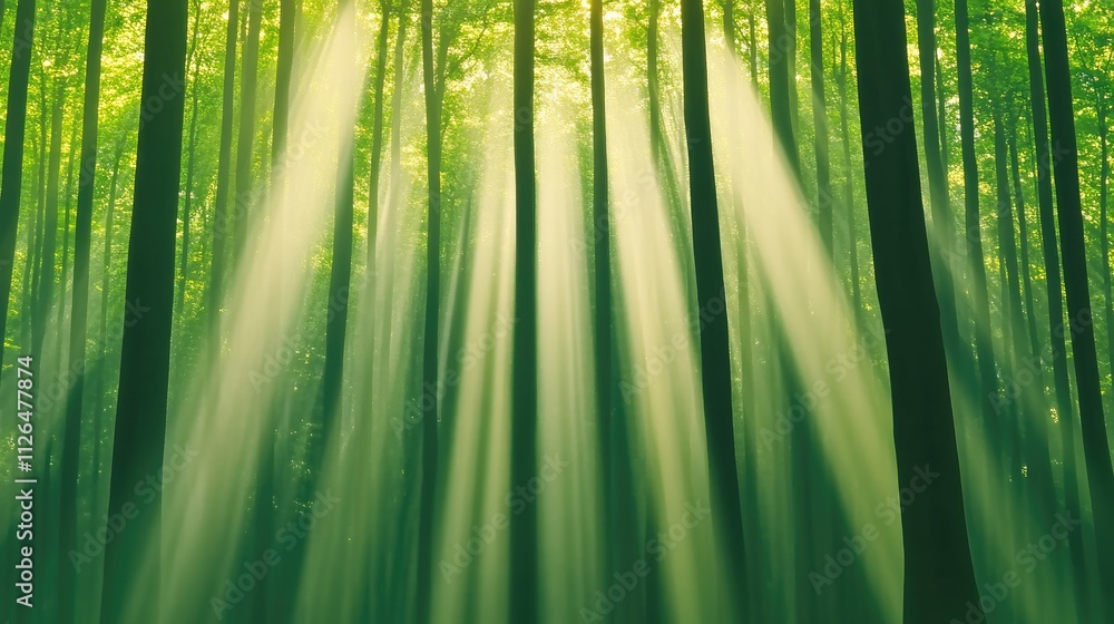 Aufkleber Sunlight Filtering Through Lush Green Trees in Serene Forest Environment