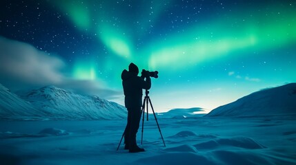 Fototapeta premium Northern lights photographer silhouette, snowy mountains night sky, aurora borealis, starry night, winter landscape