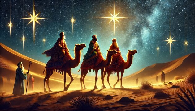 Three King's Day - Epiphany - Three Magi visiting Jesus Christ bringing Gifts riding on camels - Januari 6th - Biblical Magi, Three Wise Men - Epiphanytide - Son of God and Child - Christmas