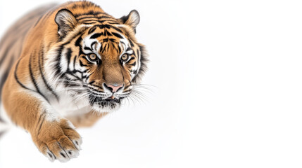 Naklejka premium A majestic tiger leaps forward with grace and power, showcasing its striking orange and black stripes against clean white background. This image captures essence of wild beauty and strength