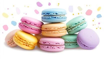Obraz premium Colorful Macarons Stacked Together with Abstract Shapes and Pastel Background for Sweet Treats and Desserts