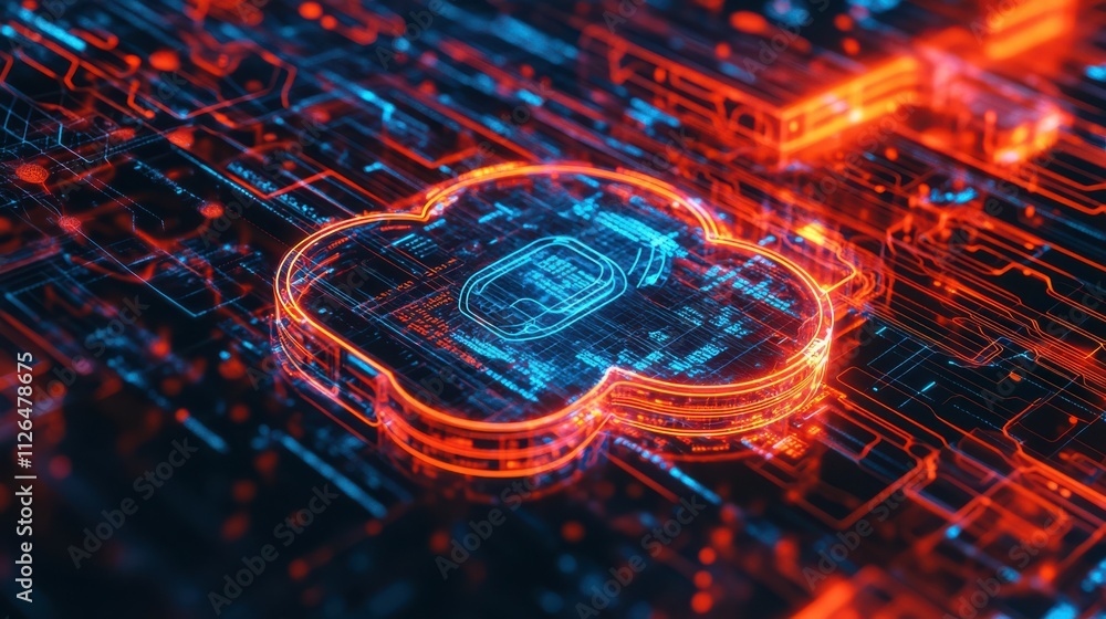 Poster abstract illustration of cloud security services, stylized cloud icon integrated with a secure padlo