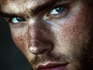 Obraz premium close-up portrait of a person with freckles and intense gaze