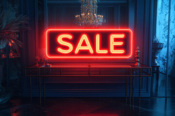 A vibrant neon SALE sign illuminates stylish interior, creating an inviting atmosphere for shoppers. elegant decor enhances excitement of sale event