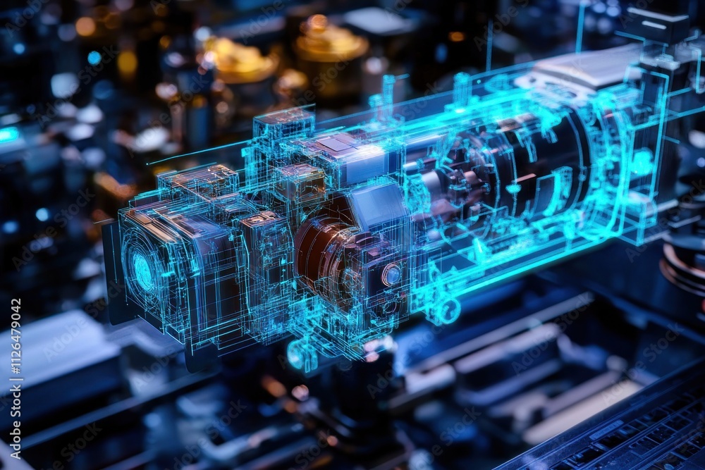 Poster holographic 3d model of a complex machine part, showcasing internal components and intricate details