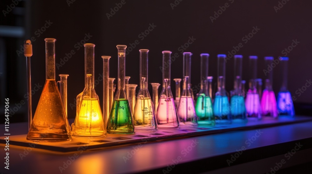 Poster row of colorful flasks