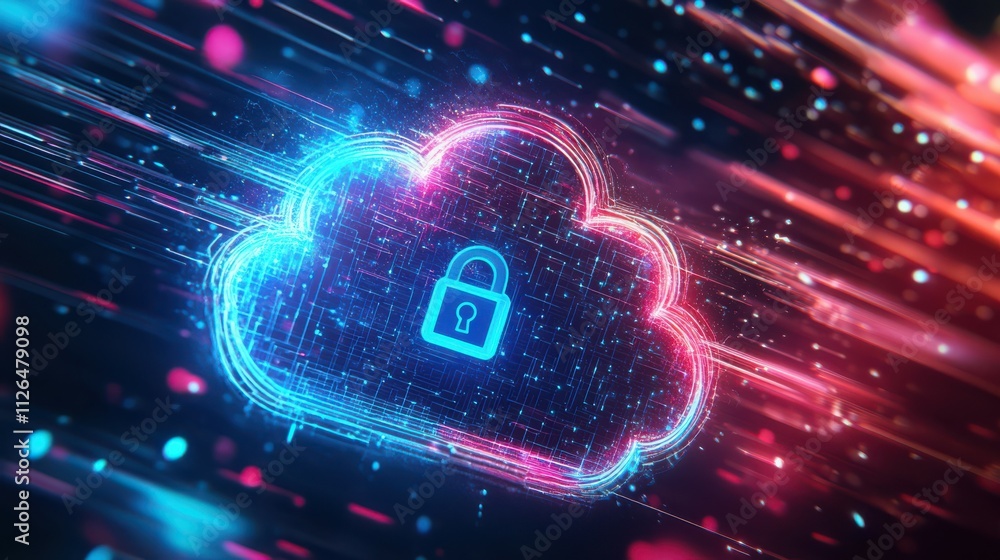Poster abstract illustration of cloud security services, stylized cloud icon integrated with a secure padlo